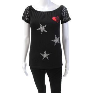 Flavio Castellani Womens Scoop Neck Short Sleeve Graphic Print Top Black Size M